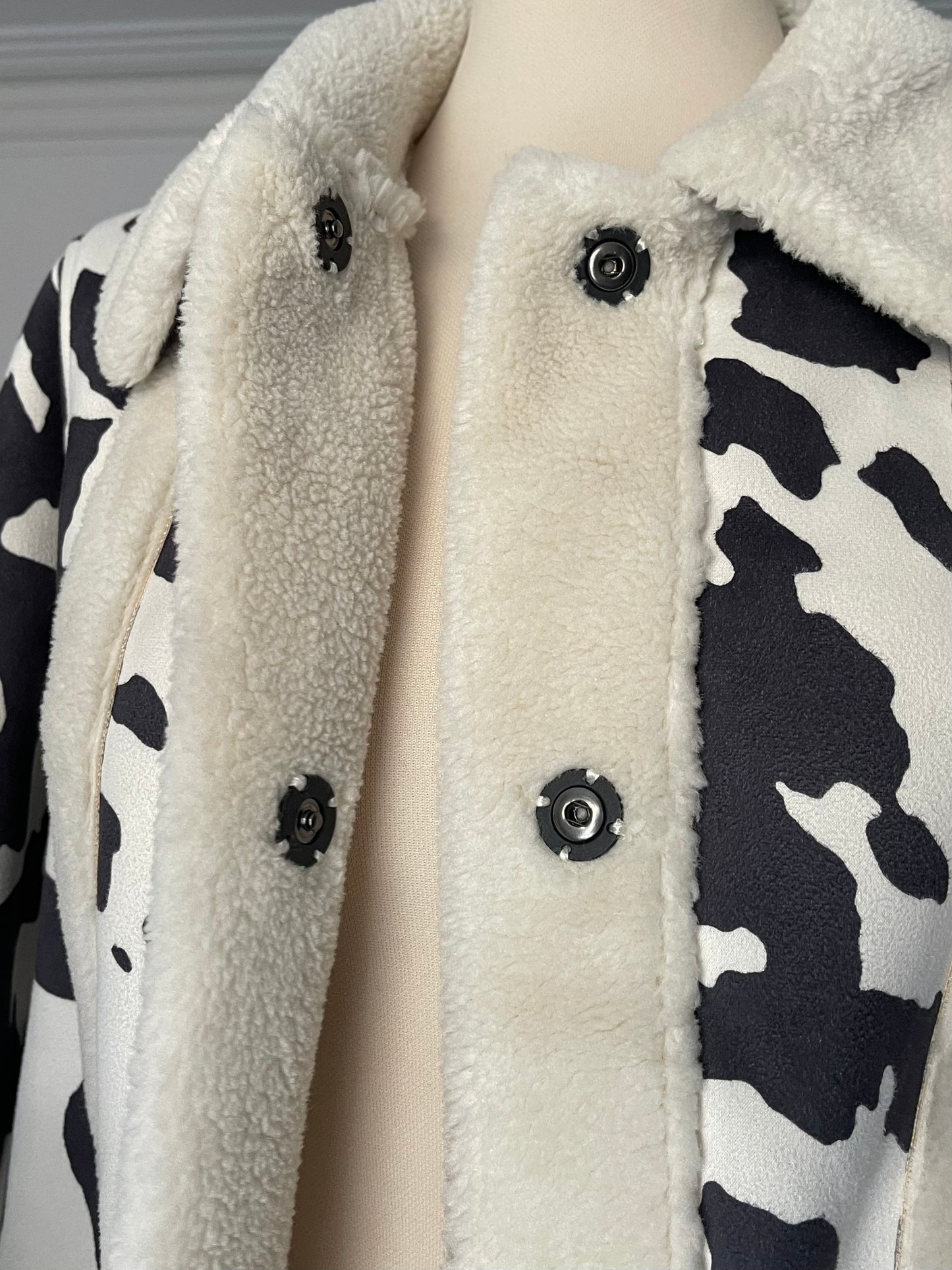 Annorlunda Cow Print Faux Suede Jacket